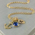 Anchor Initial Necklace, September Birthstone, Swarovski Birthstone, Bezel Set, Gold Anchor Jewelry, Leaf Initial, Christmas Gift, Birthday