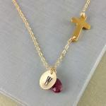 October Birthstone, Tourmaline, Sideways Cross Necklace, Personalized Initial Necklace, Birthstone Necklace, Birthday Gift, Gold Cross, Gift