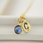 Monogram Necklace September Birthstone Sapphire Swarovski Crystal Bezel Leaf Initial Bridesmaids Gift Mothers Day Gift Idea Everyday Jewelry