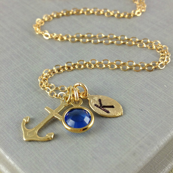 Anchor Initial Necklace, September Birthstone, Swarovski Birthstone